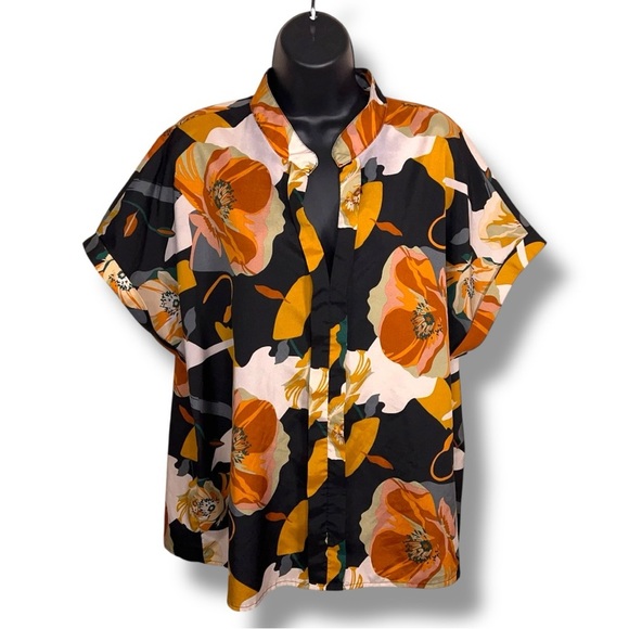 XL Colorful Floral Short Sleeve Blouse Black Orange Cuffed Sleeve Lightweight - Picture 1 of 13